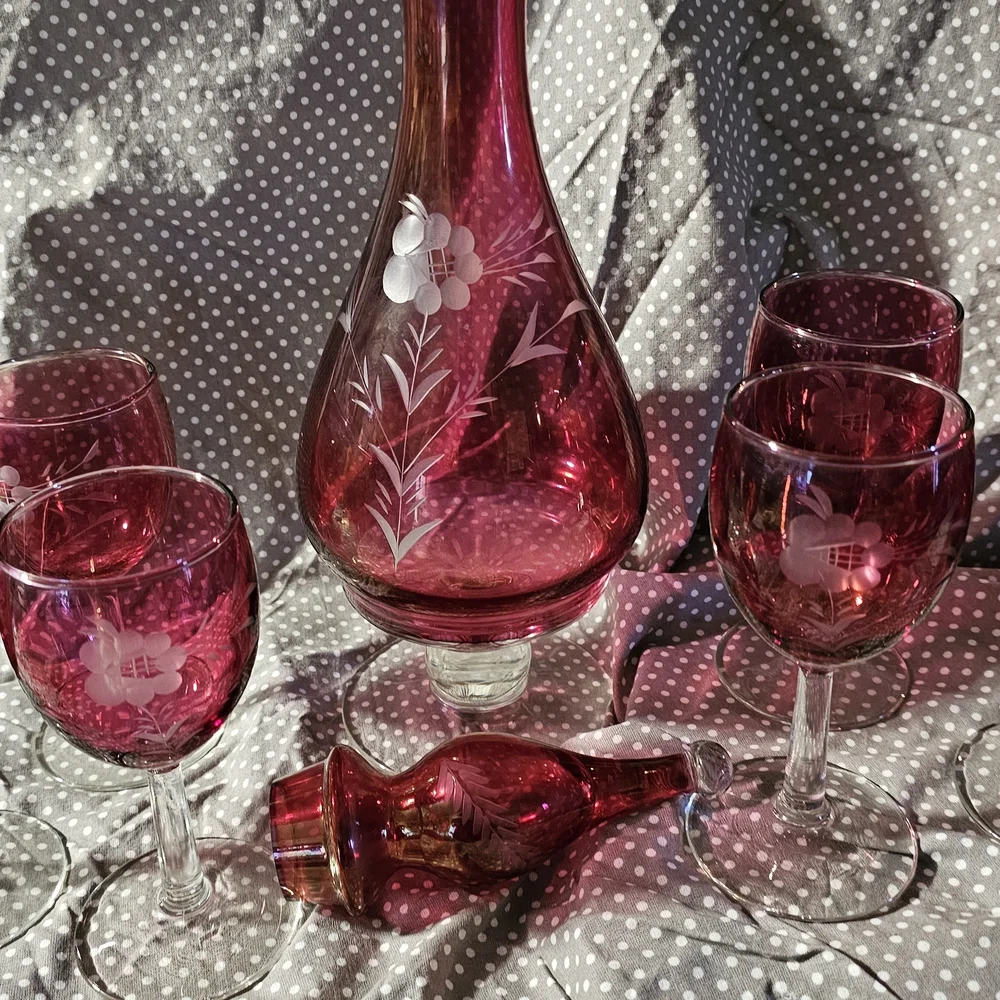 Ruby Red Etched Glass Decanter Set - 6 Stemmed Glasses